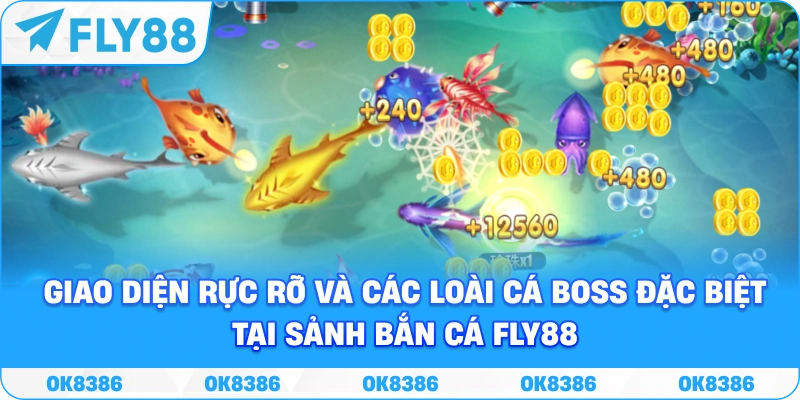 Giao diện bắn cá FLY88 với cá boss và hiệu ứng đại dương